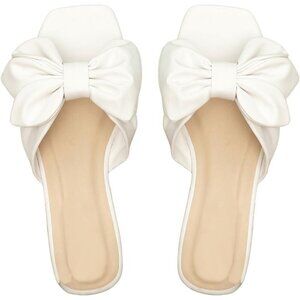 Women's Bow White Square Open Toe Breathable Slip On Slide Sandals Flat Shoes